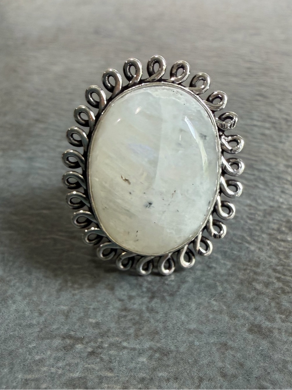 Rainbow Moonstone Gemstone Ring Size 8 Sterling Silver Plated Vintage Style Boho